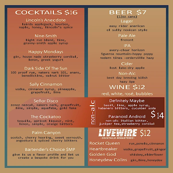 This image is a drink menu featuring cocktails for $16, beers for $7, wine for $12, a non-alcoholic section, and a specialty cocktail pitcher for $14.